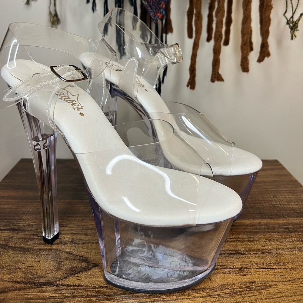 Pleaser White Heels with Clear Platform🤍